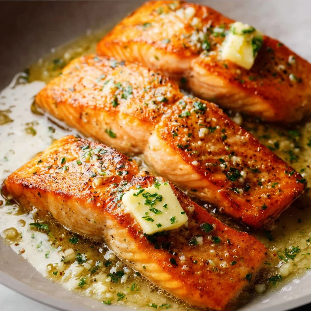Delicious Garlic Butter Salmon garnished with herbs and served in a skillet.