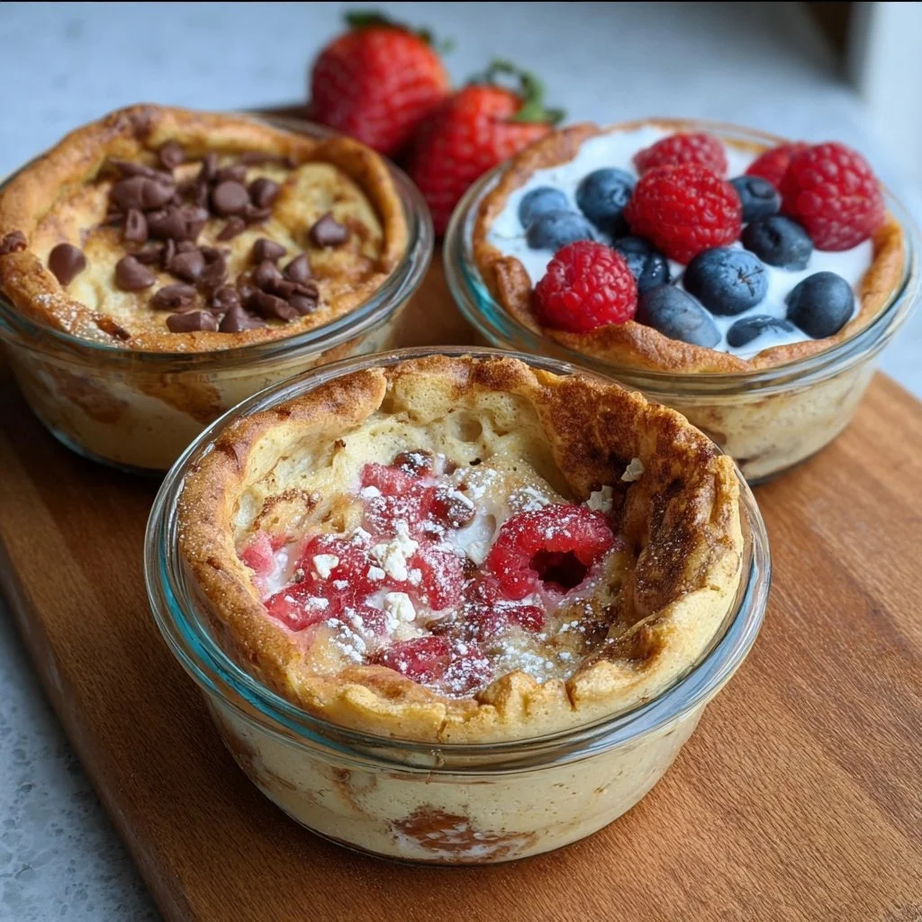 Baked protein pancake bowl topped with fruits and nuts, high in protein