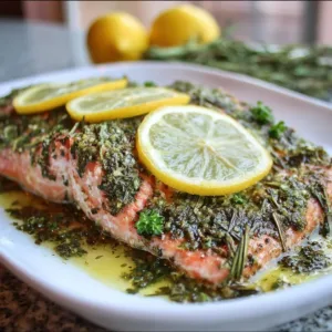 Lemon Herb Salmon fillet garnished with fresh herbs and lemon slices