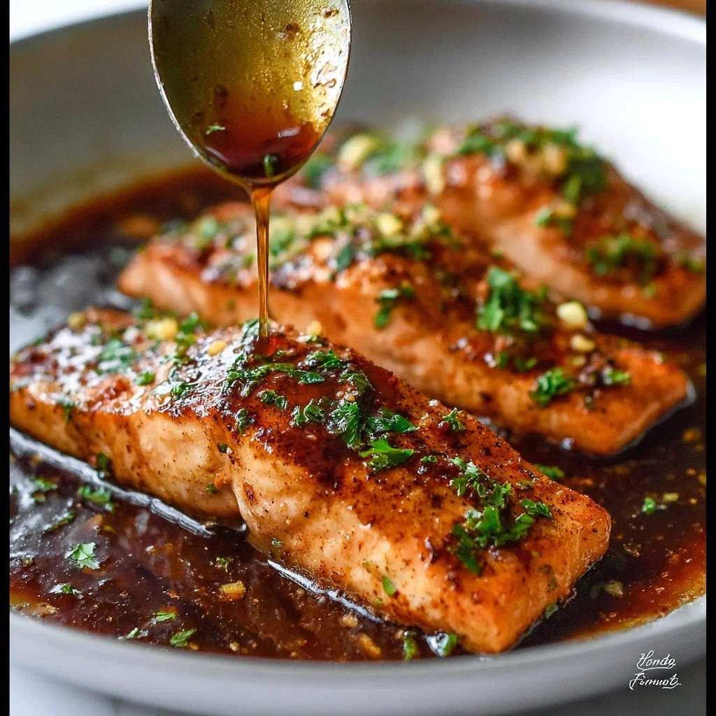 Honey garlic glazed salmon with 40g protein, ready in 30 minutes.