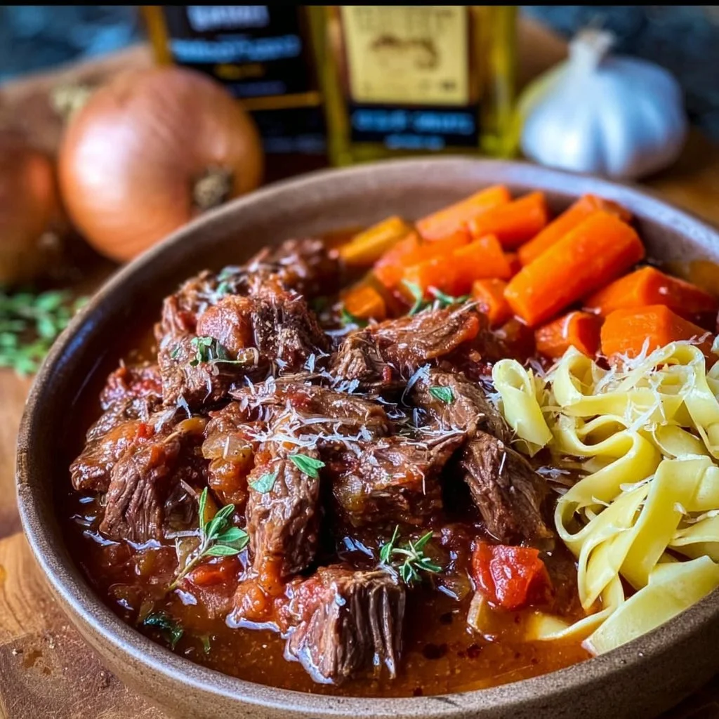 Delicious Beef Ragu served over pasta with herbs and spices