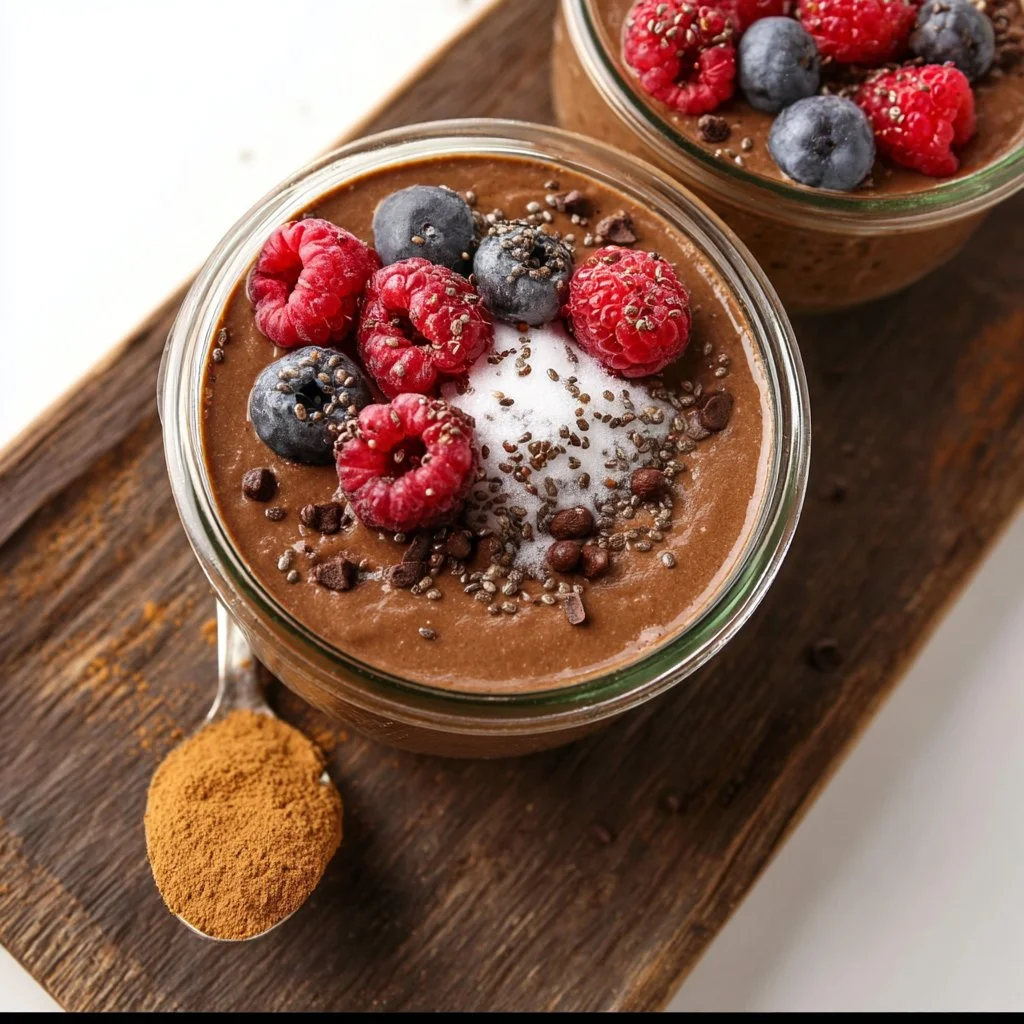 Delicious protein-rich chocolate chia pudding topped with berries and nuts