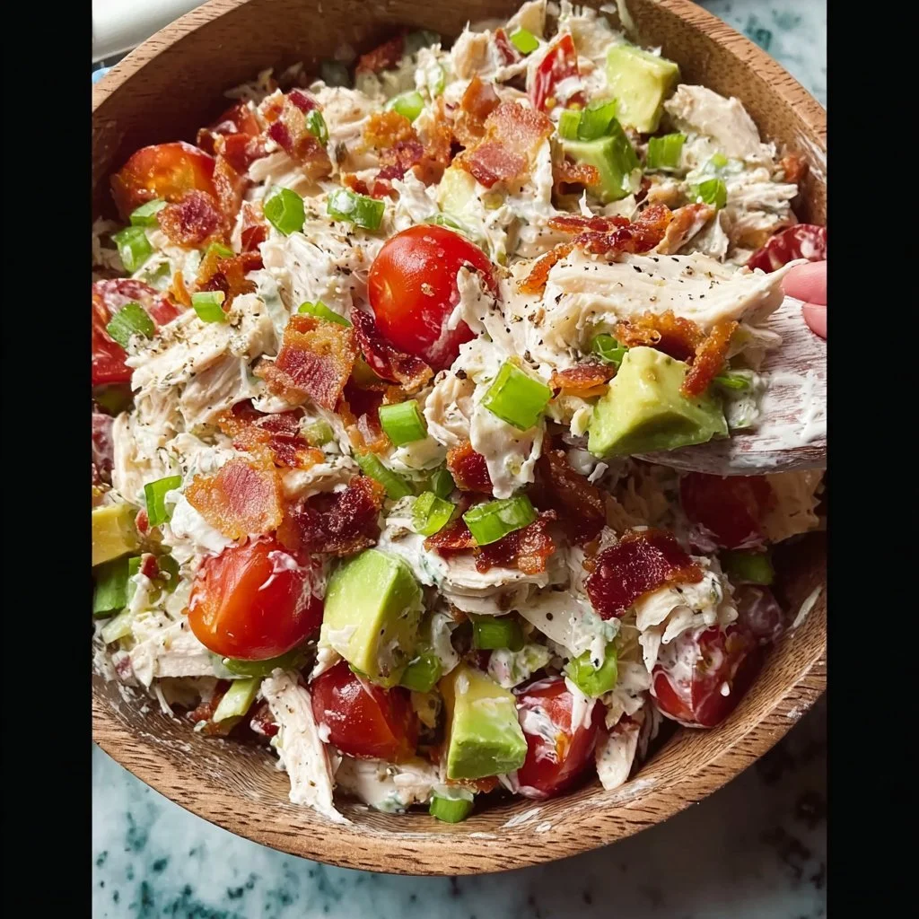 Fresh BLT Chicken Salad with bacon, lettuce, tomatoes, and grilled chicken.
