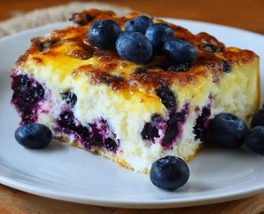 Delicious blueberry cottage cheese breakfast bake served in a cozy dish