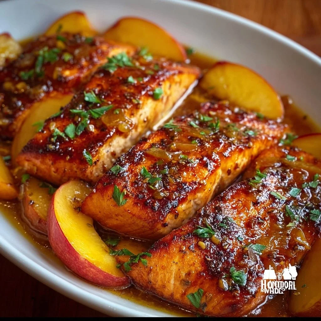 Bourbon Peach Roasted Salmon with glaze served on a plate.
