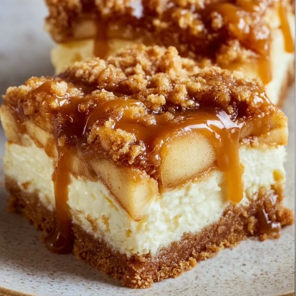 Delicious caramel apple cheesecake bars ready to be served