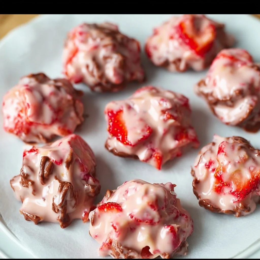 Chocolate strawberry yogurt clusters on a white plate with mint garnish