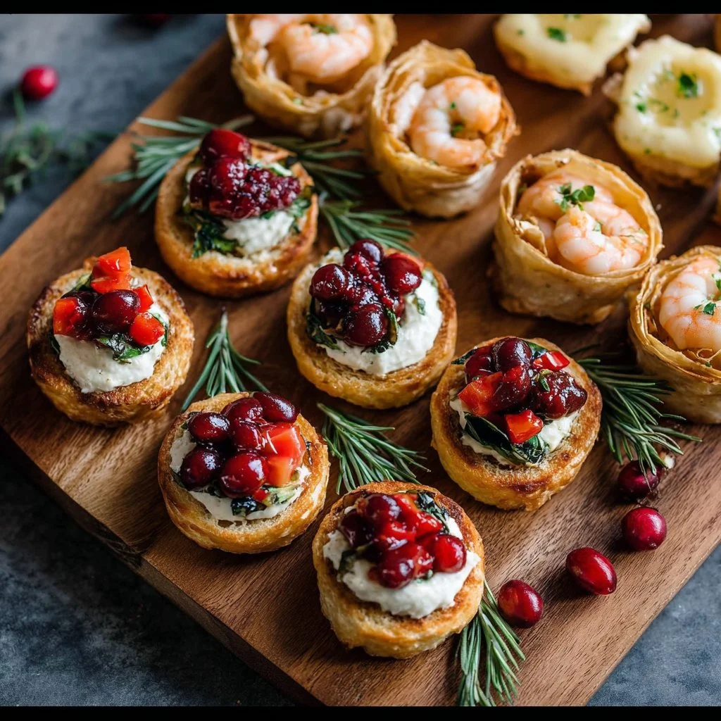A platter of delicious Christmas finger food appetizers including savory bites and festive treats.