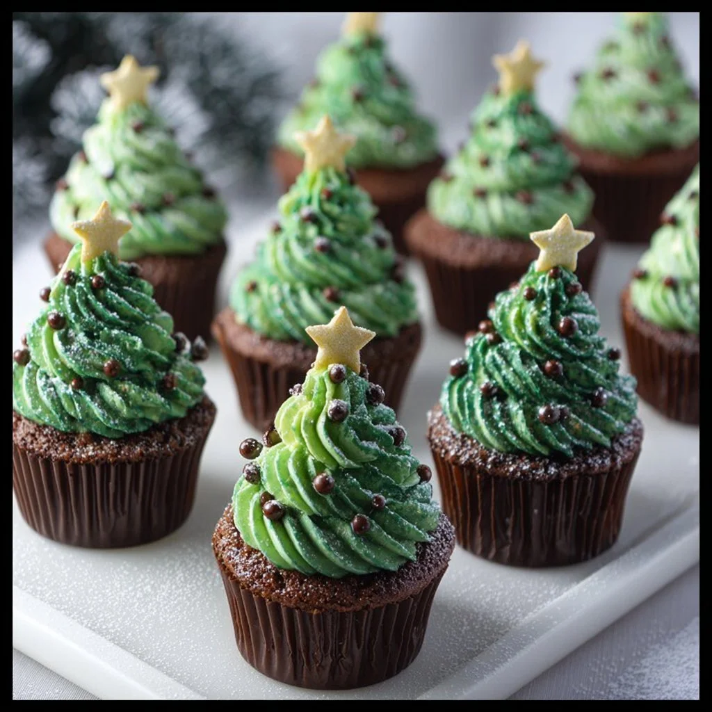 Decorative Christmas tree cupcakes with colorful icing and sprinkles.