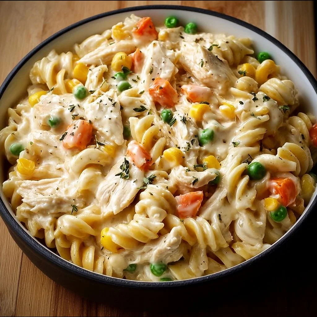 Delicious classic chicken pot pie pasta ready to serve