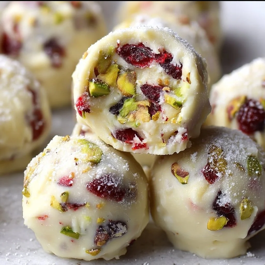 A plate of homemade Cranberry Pistachio Truffles garnished with pistachios and cranberries.