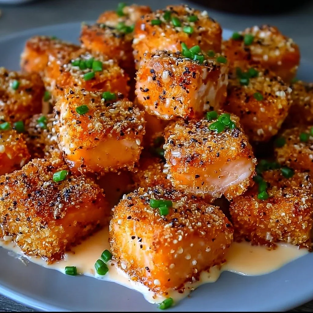 Crispy Bang Bang Salmon Bites on a platter garnished with herbs