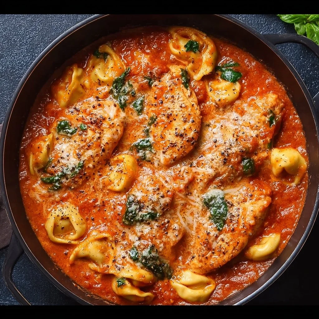 CrockPot Chicken Tortellini dish ready to serve, full of flavor and ingredients.