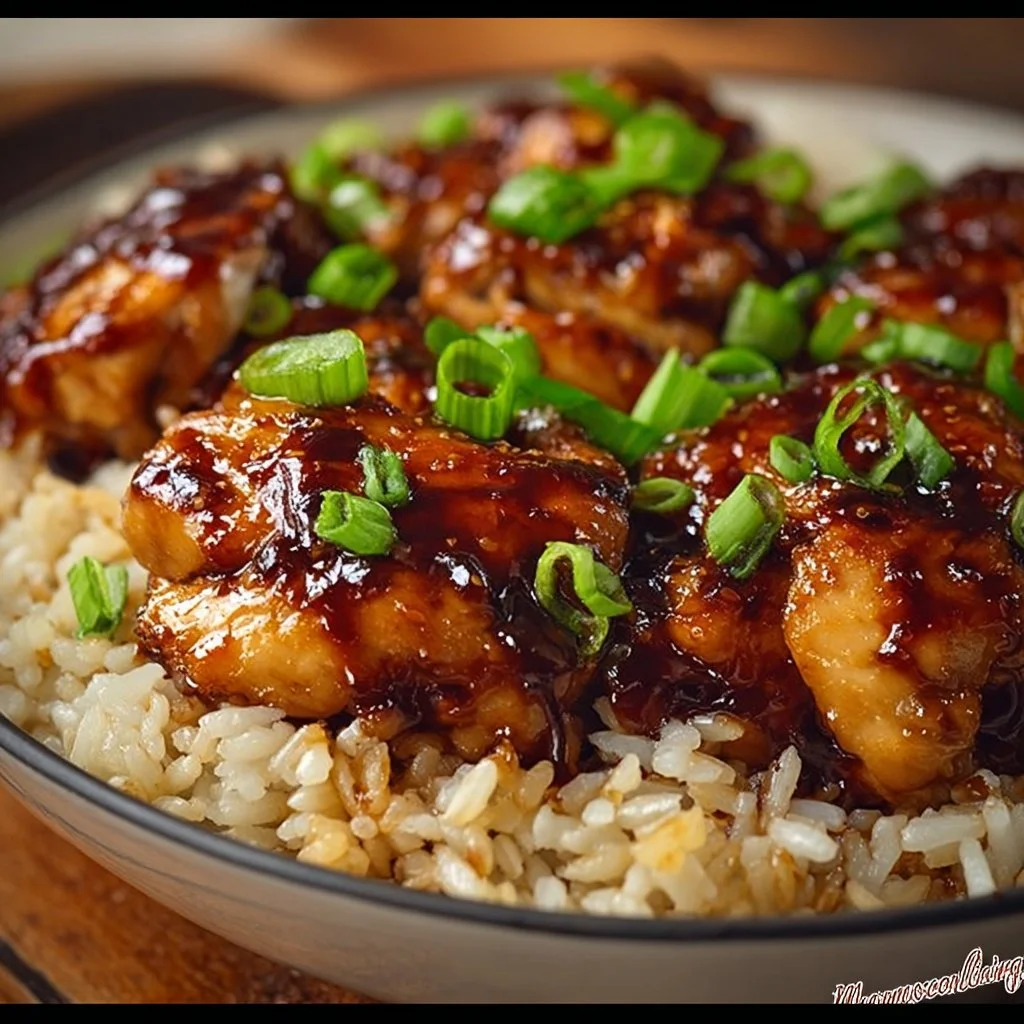 Plate of honey BBQ chicken rice ready to serve in 30 minutes.
