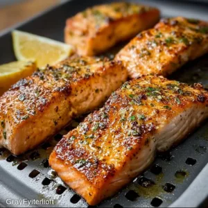 Deliciously cooked air fryer salmon served with herbs and lemon