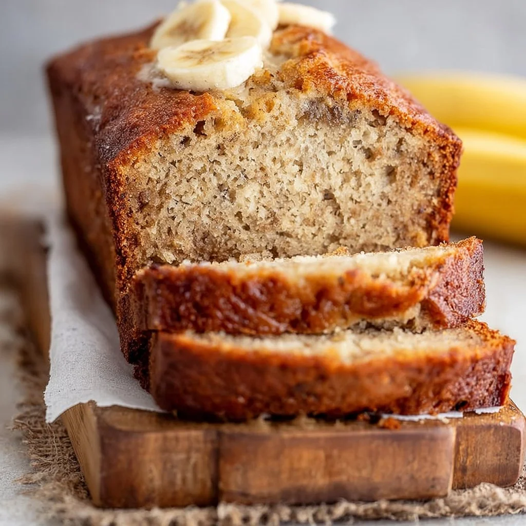 Slice of easy moist banana bread on a wooden board