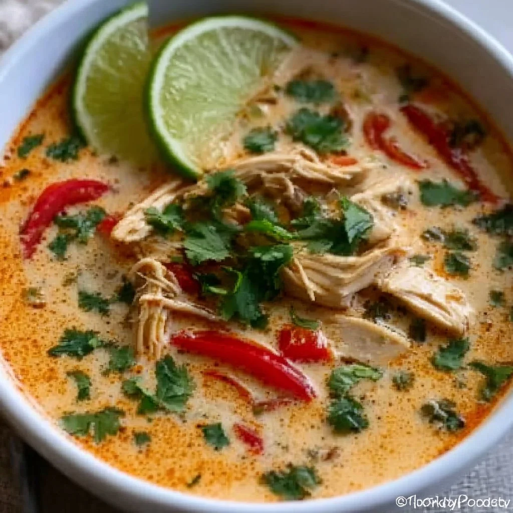 Bowl of easy Thai coconut chicken soup garnished with herbs and lime