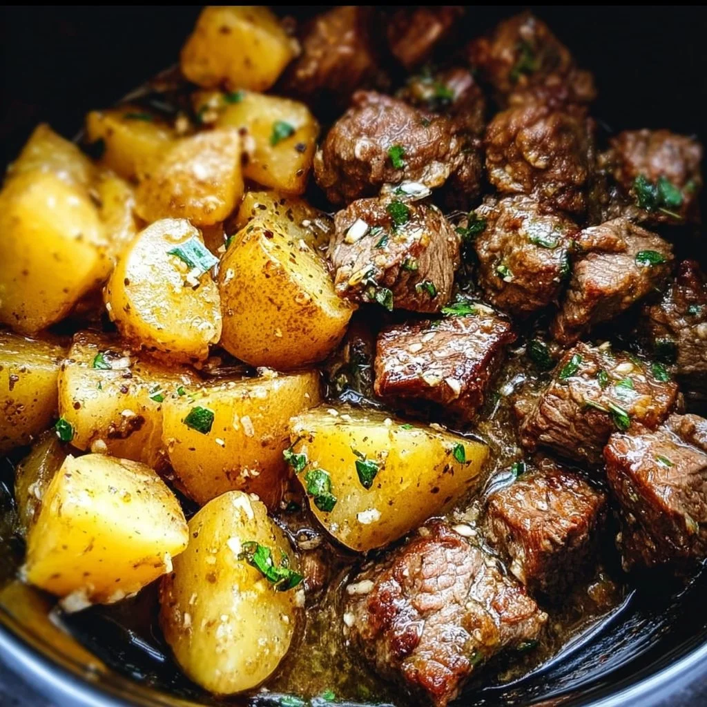 Garlic Butter Beef Bites with Potatoes served on a plate
