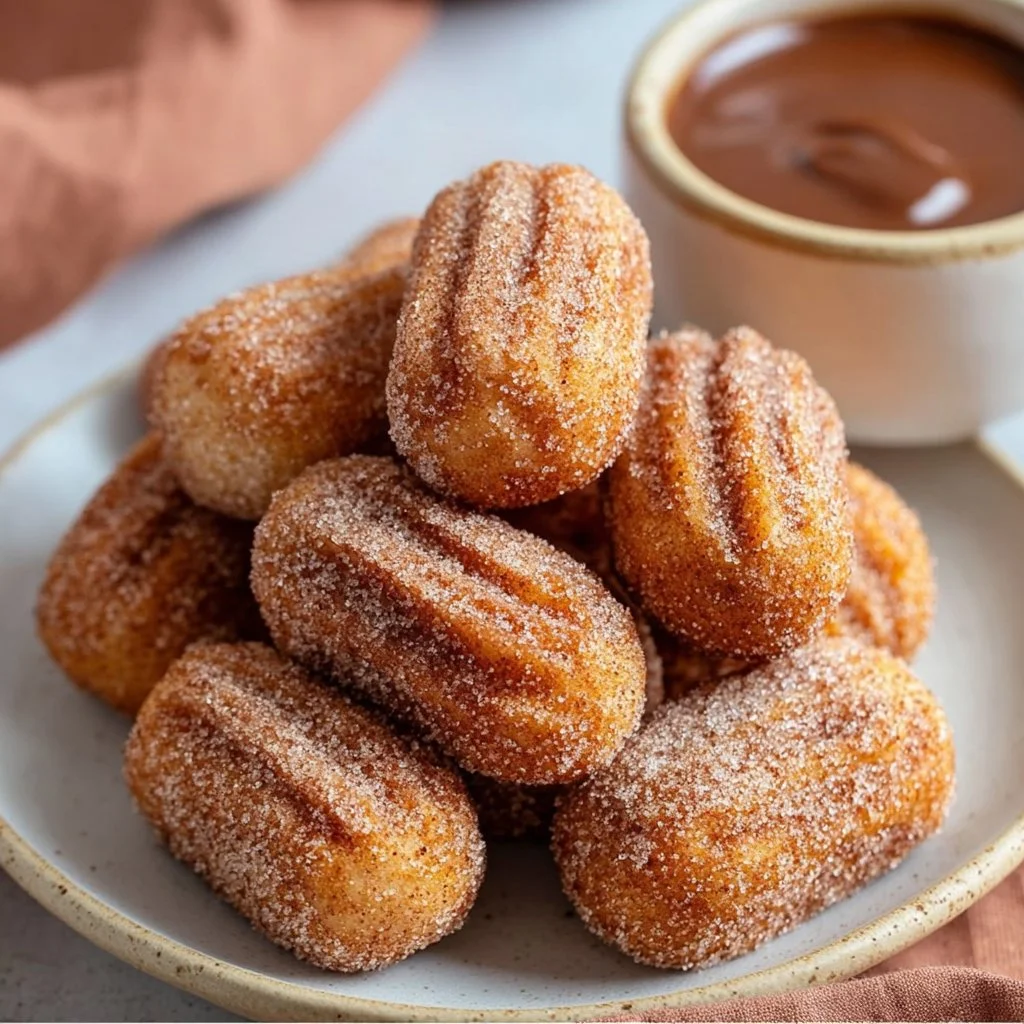 Healthy baked churro bites served on a plate with cinnamon sugar.