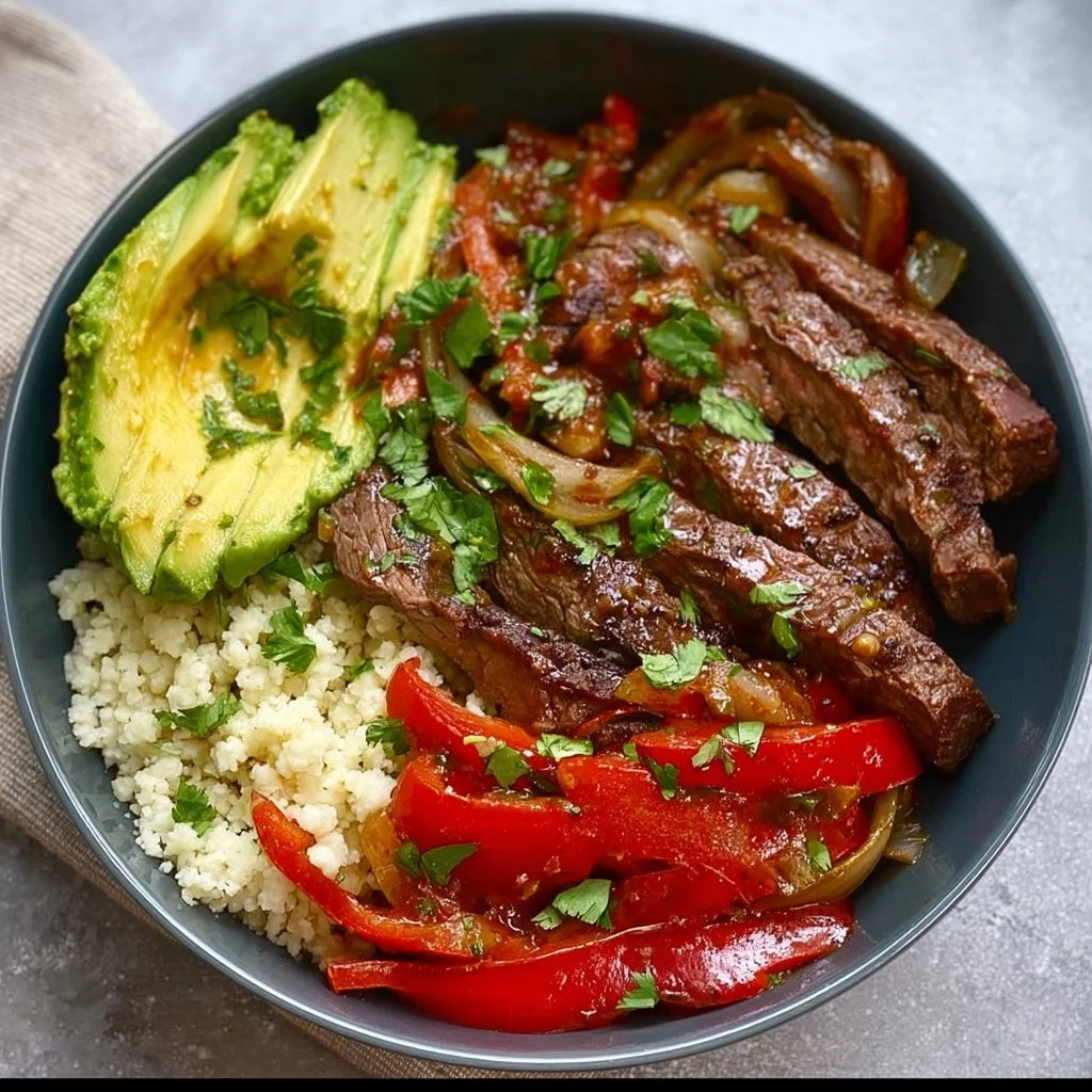 High protein steak fajita bowl with colorful vegetables and spices.