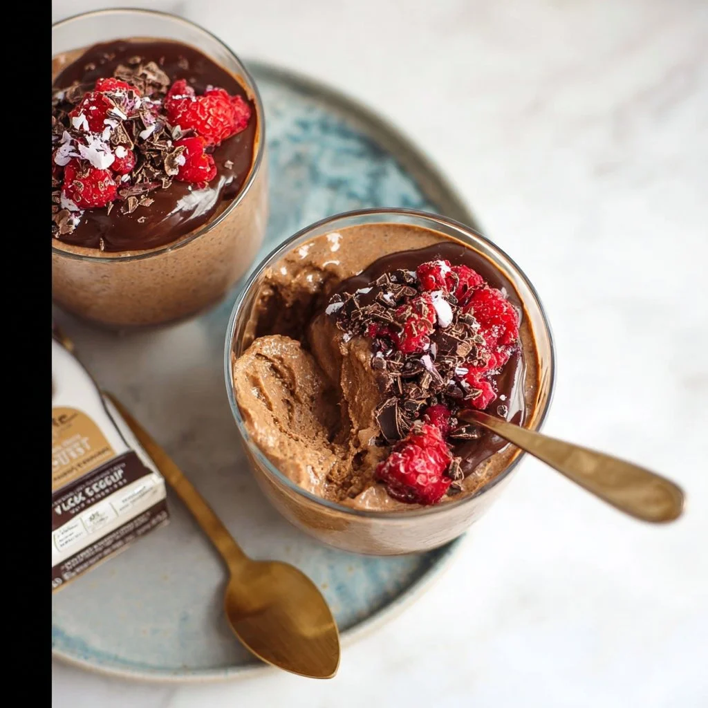 High-protein Triple Chocolate Chia Pudding in a clear glass bowl
