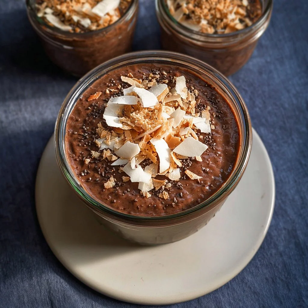 Vegan chocolate almond chia pudding in a bowl with a spoon