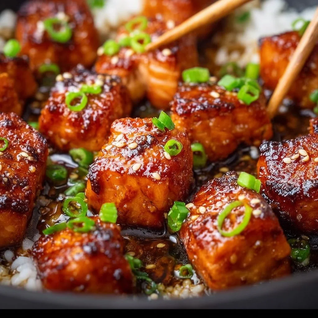 Honey Garlic Salmon Bites served on a plate