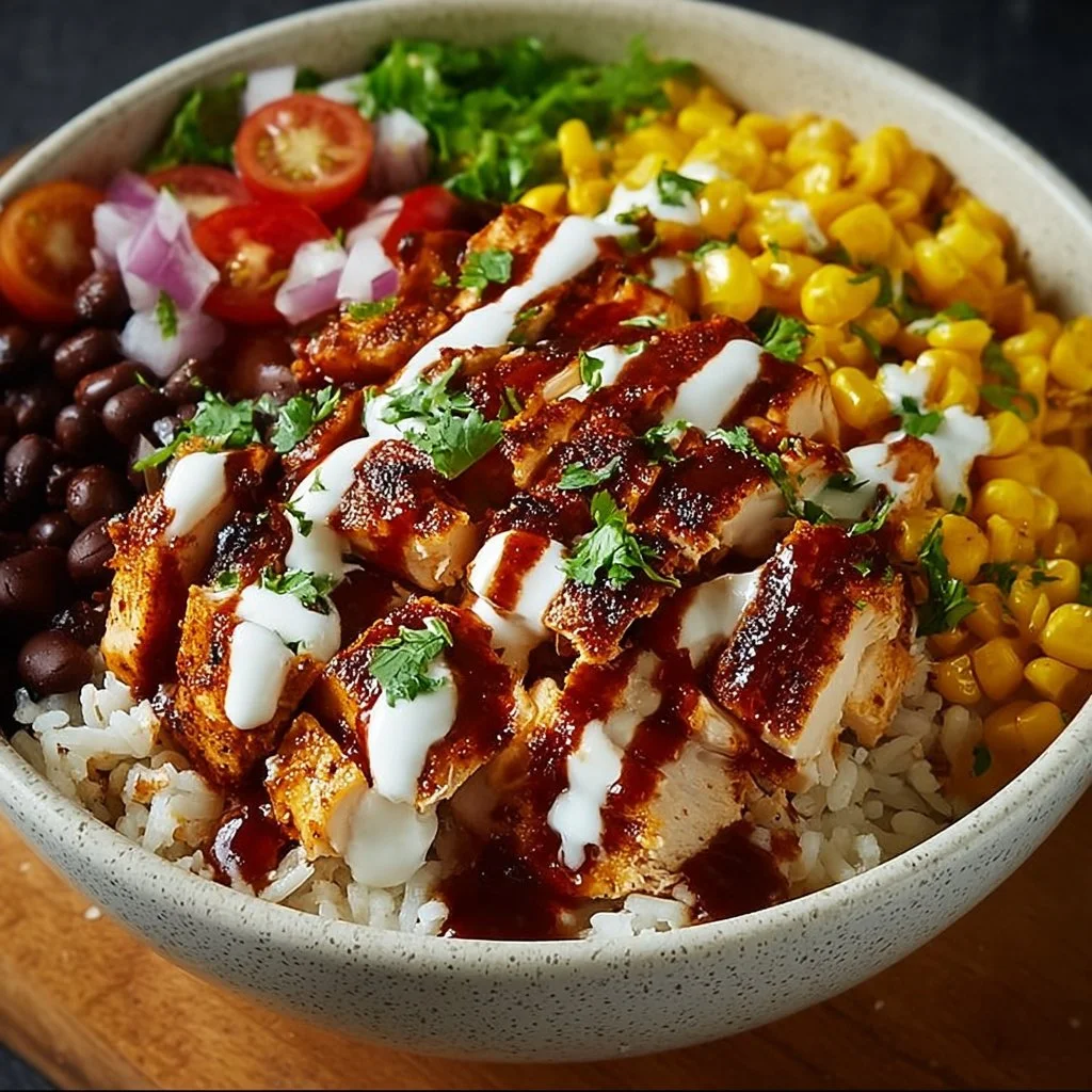 BBQ ranch chicken bowl recipe with vibrant ingredients and barbecue drizzle.