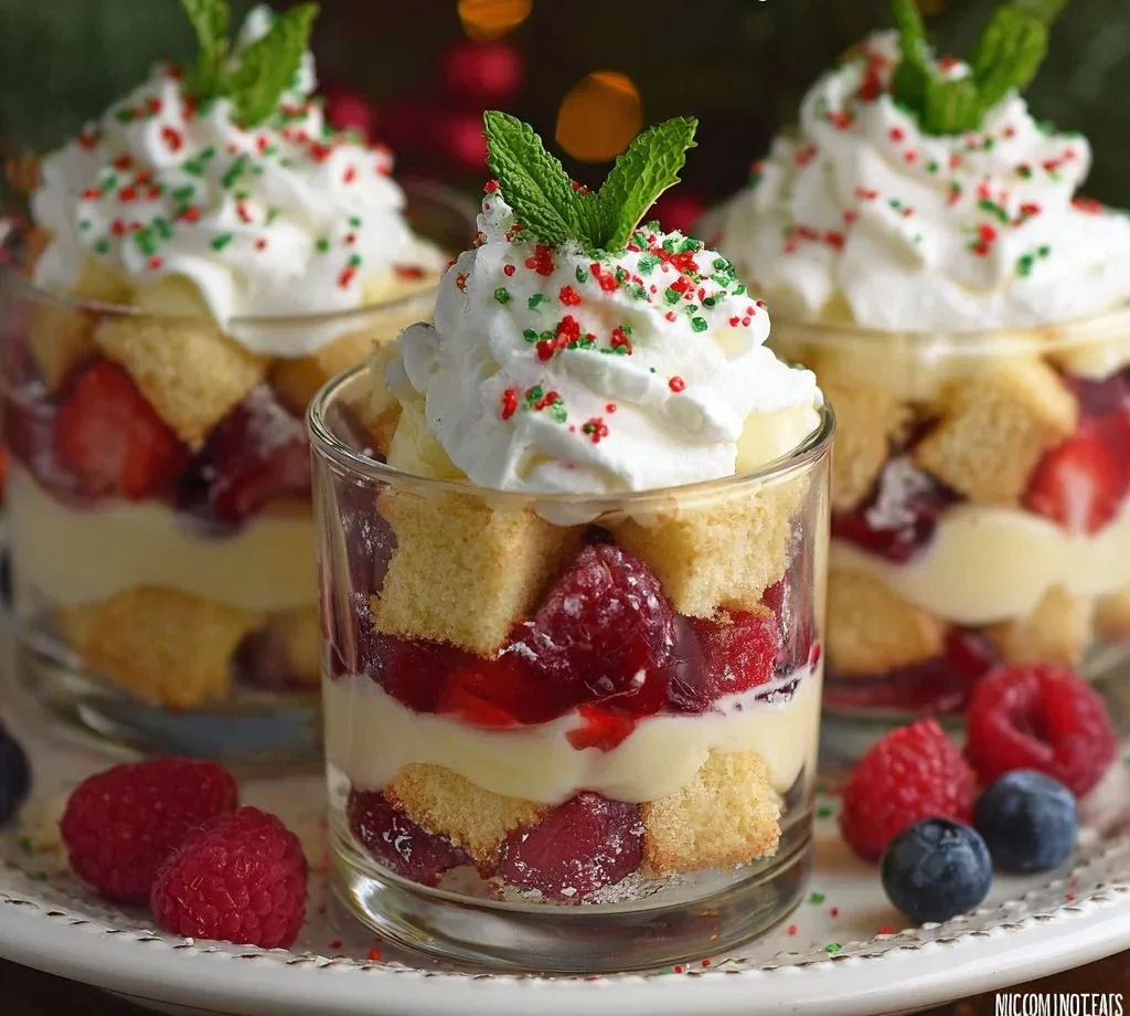Mini Christmas trifles served in clear cups with layers of cream and berries