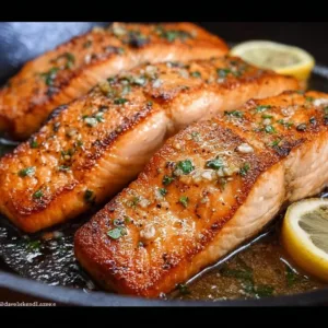Delicious pan seared salmon garnished with herbs and lemon slices.