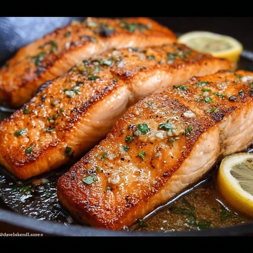 Delicious pan seared salmon garnished with herbs and lemon slices.