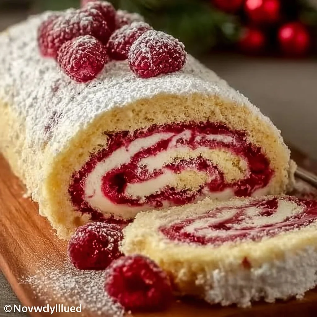Raspberry Swirl Roll decorated for Christmas with festive accents