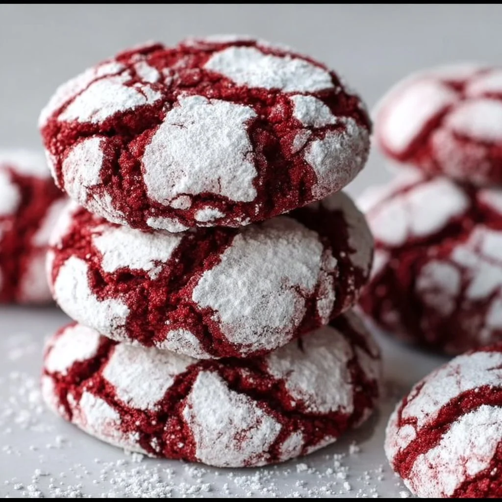 Freshly baked red velvet crinkle cookies on a plate