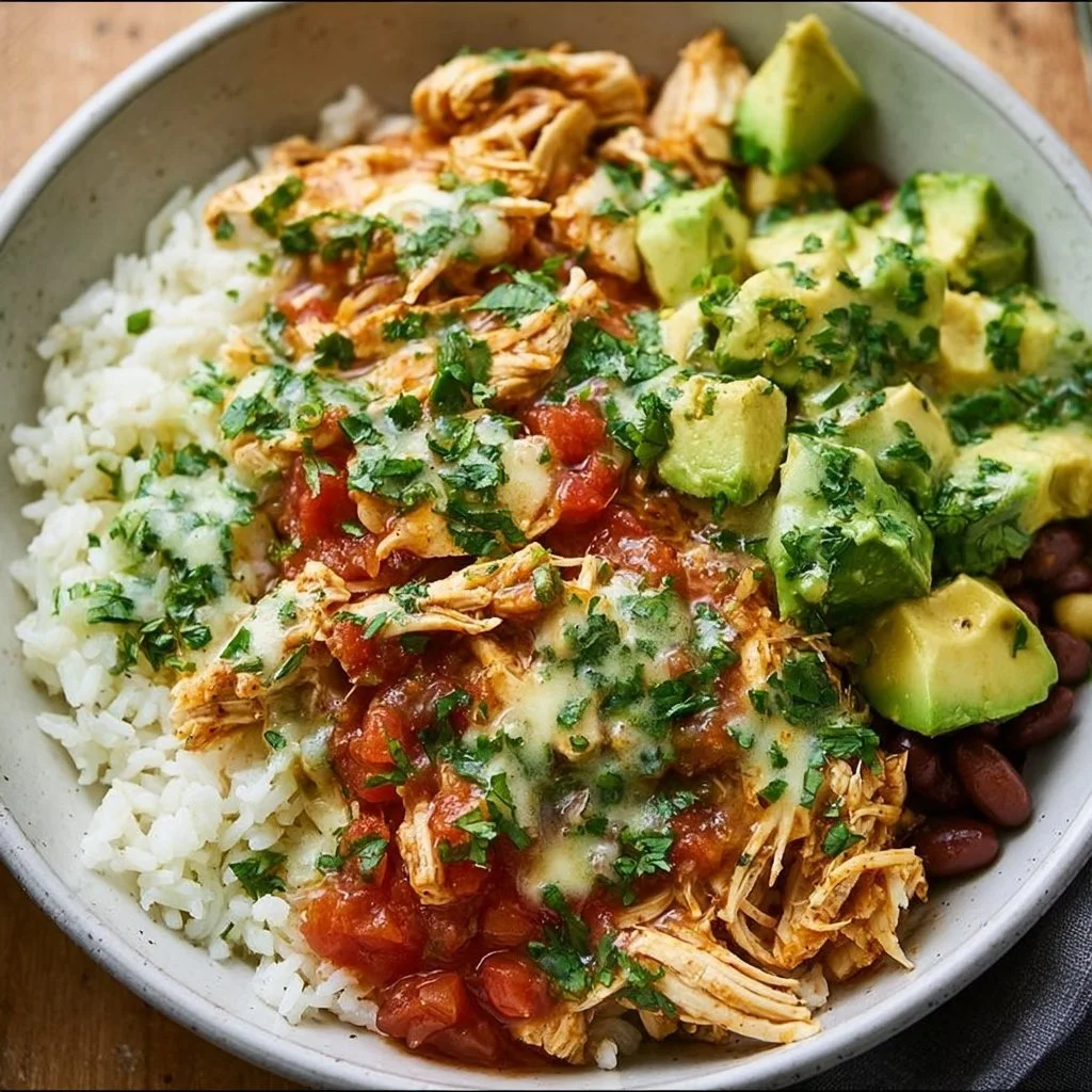 Slow Cooker Chicken Burrito Bowl with colorful ingredients in a bowl