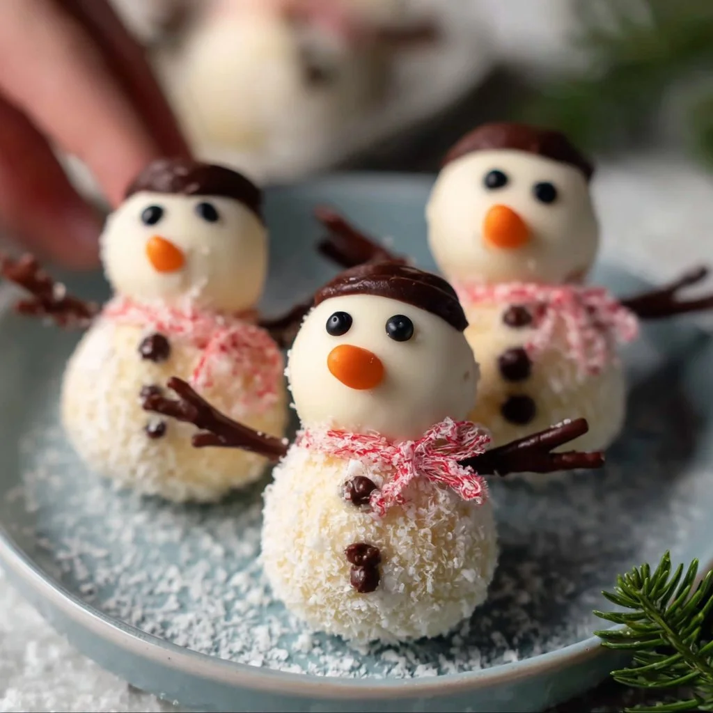 Delicious homemade snowmen truffles decorated for the holiday season