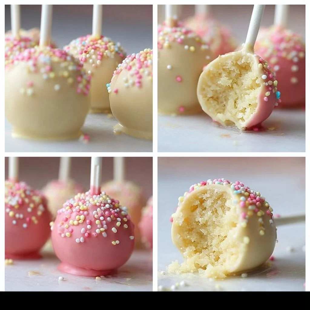 Starbucks cake pop topped with sprinkles in a coffee shop setting