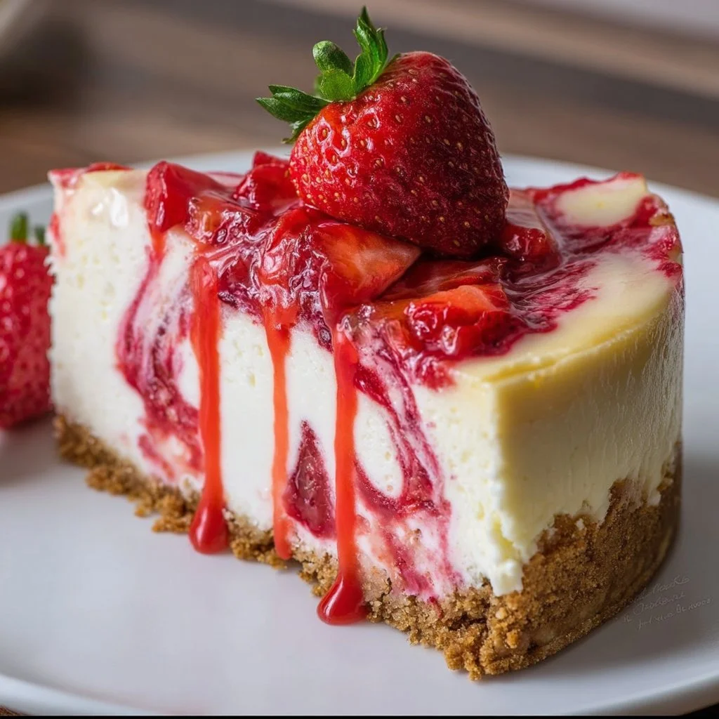 Delicious Strawberry Swirl Cheesecake topped with fresh strawberries and creamy swirls