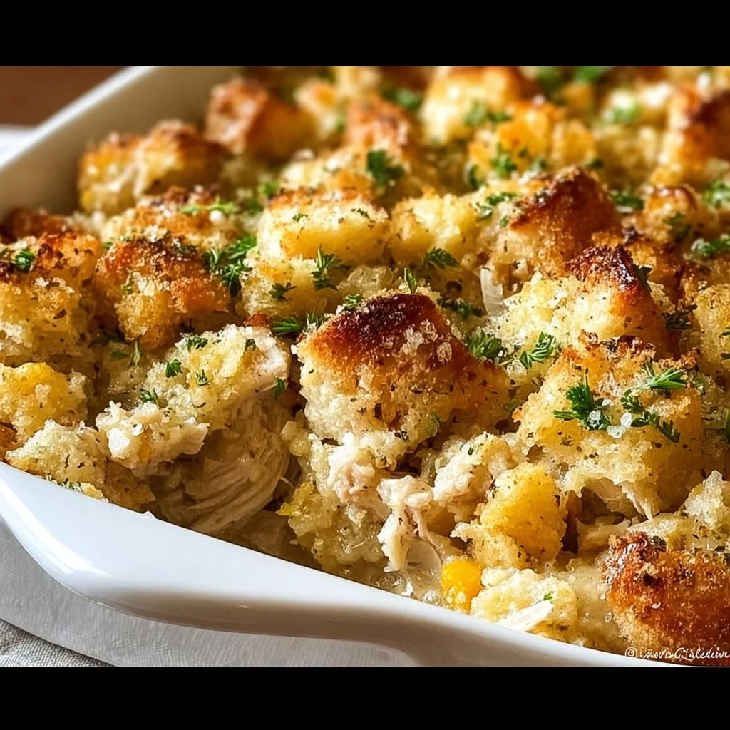 Quick and easy Chicken Stuffing Casserole topped with crispy stuffing