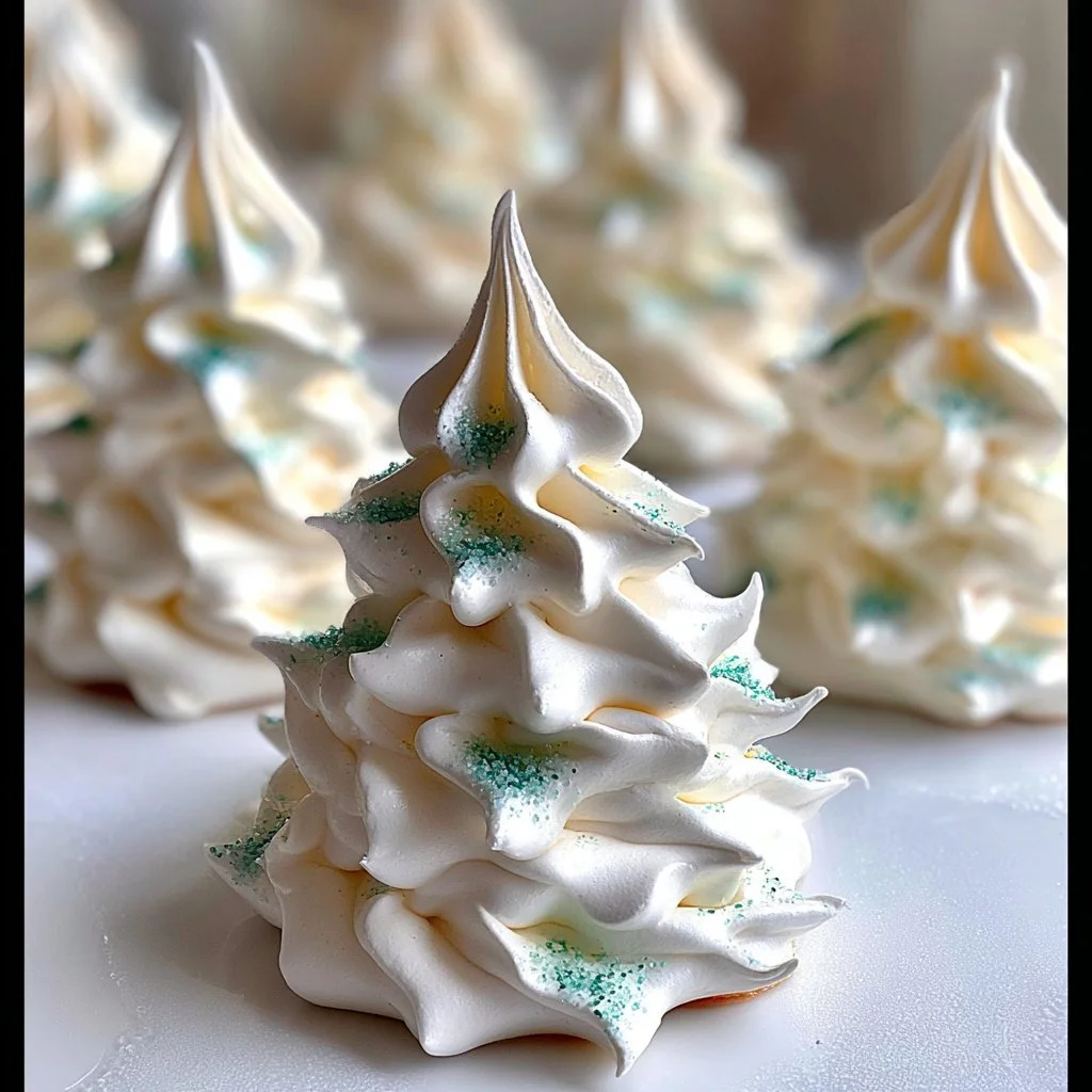 Festive Tree Meringue Cookies arranged on a plate