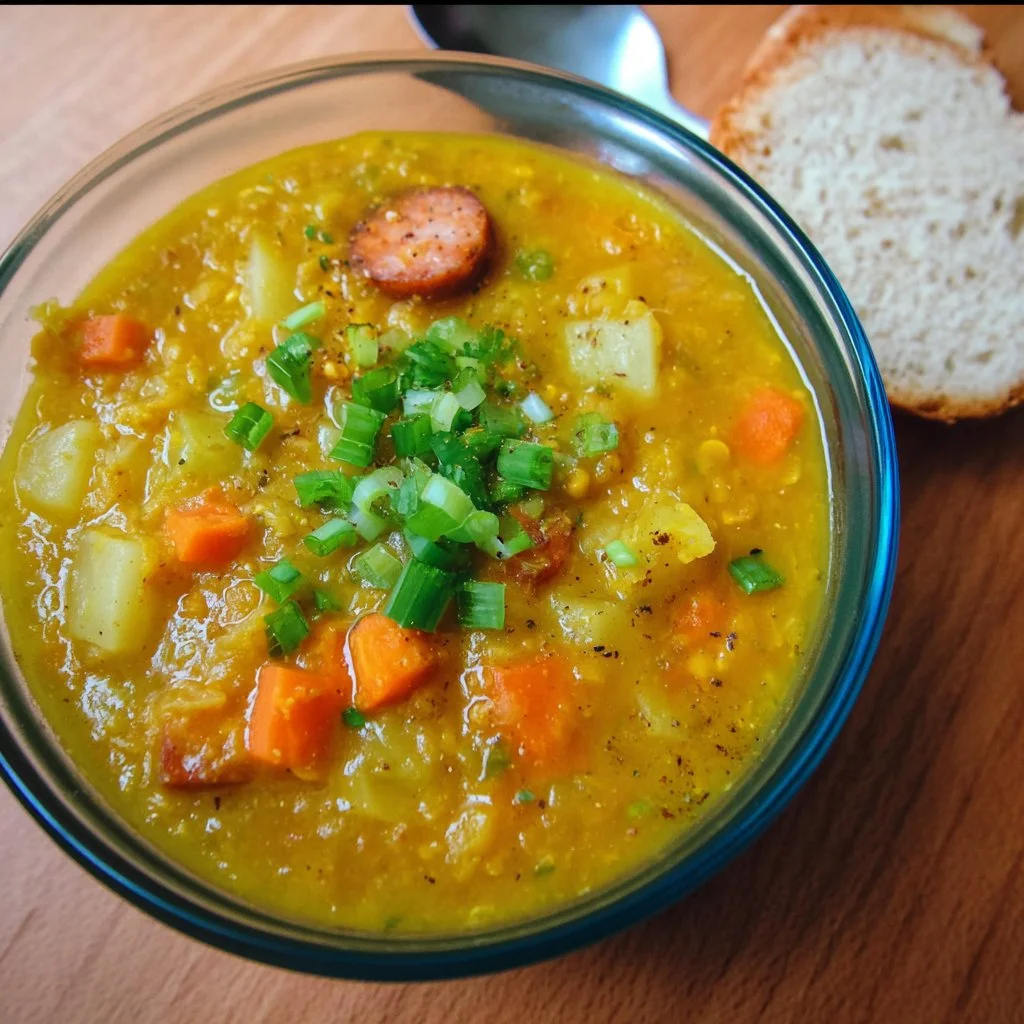 Bowl of 30-minute healing yellow split pea soup with garnishes