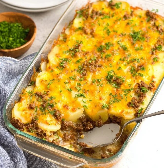 Delicious beef casserole with ground beef and potatoes, rich in protein