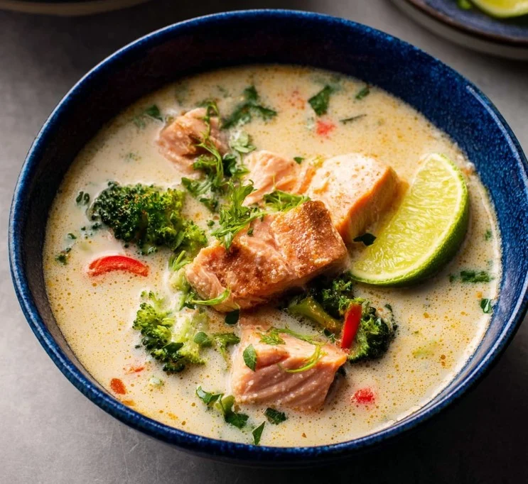 Delicious Salmon Coconut Soup with 31g protein, garnished and ready to serve.