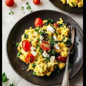 Plate of Greek scrambled eggs with herbs and tomatoes.