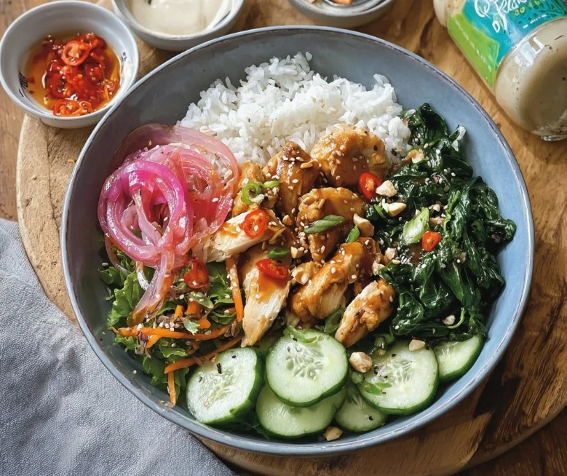 35g protein Sweet Chilli Chicken Rice Bowl with fresh ingredients and vibrant colors
