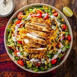 Spicy Southwest Chicken Salad with vibrant vegetables and grilled chicken, high in protein.