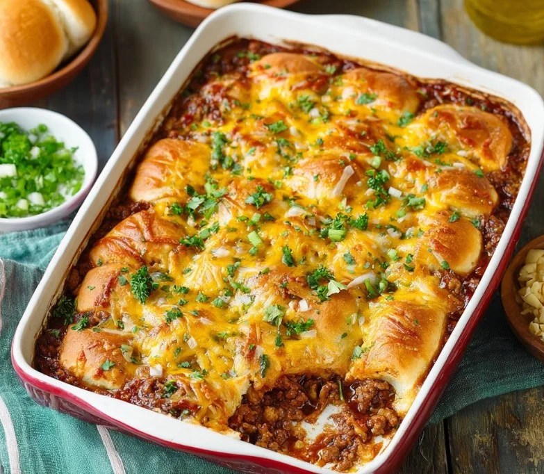 4-Ingredient Crescent Roll Ground Beef Casserole ready to serve