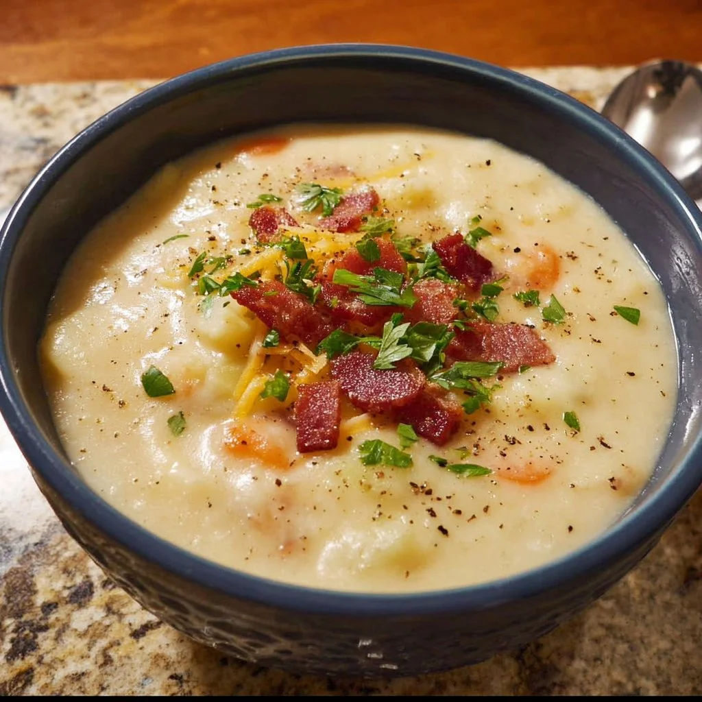 Bowl of creamy potato soup topped with chives and croutons