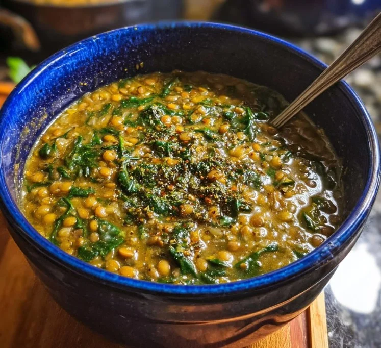 Bowl of absolutely ultimate spinach and lentil soup with fresh herbs