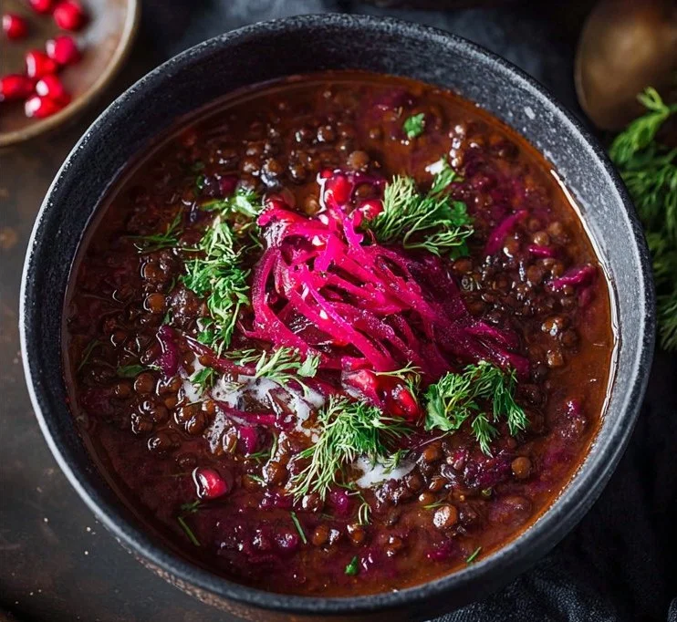 Bowl of anti-inflammatory lentil beet soup garnished with fresh herbs.