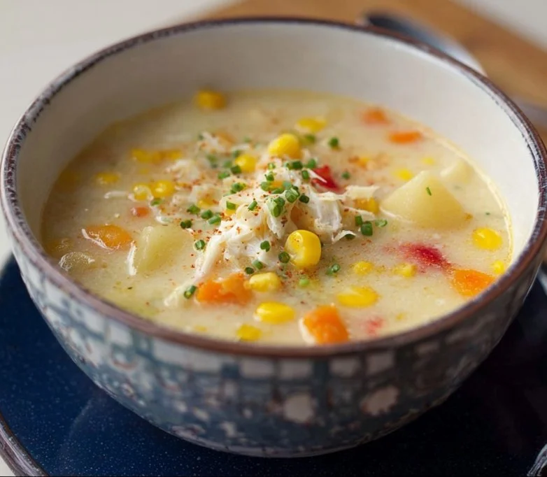 Bowl of delicious crab and corn chowder garnished with herbs